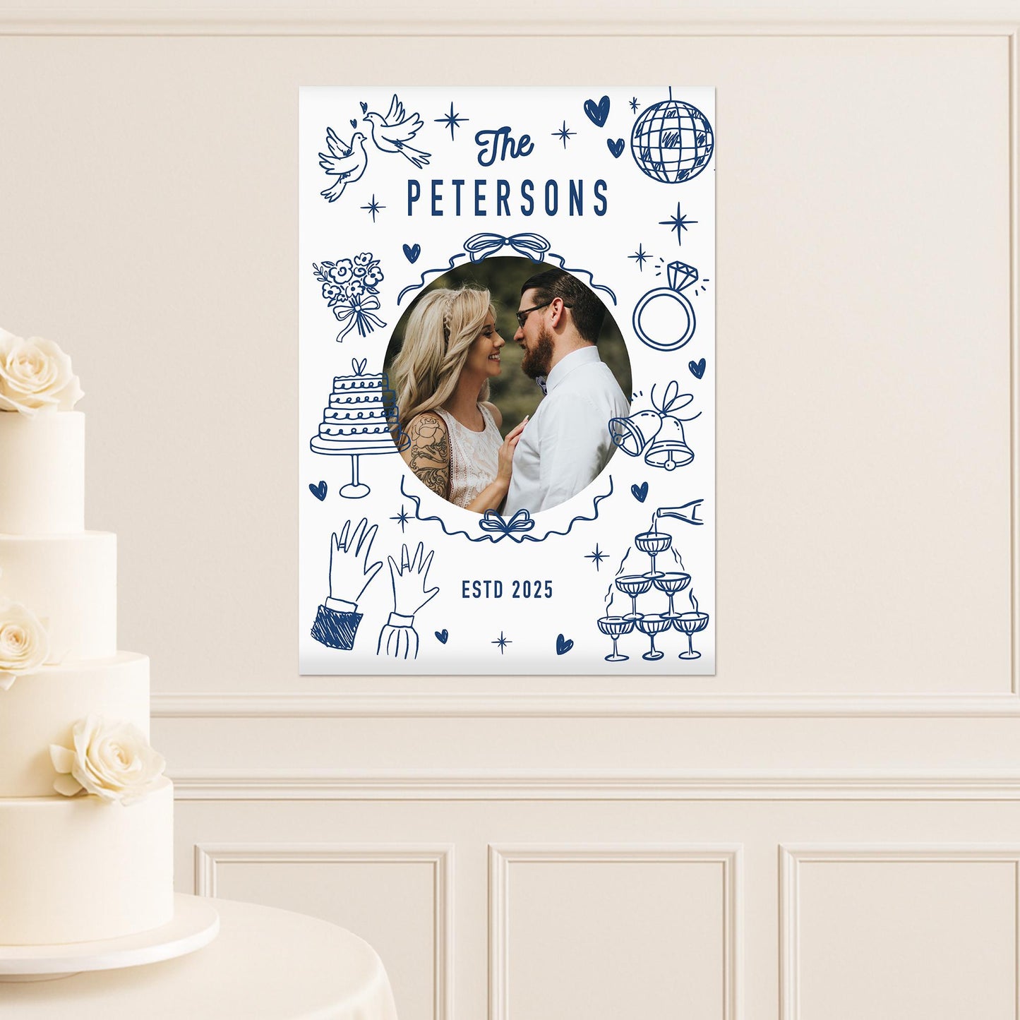 Personalised Wedding Photo Print  Blue Doodle Design  Custom Poster with Photo, Surname & Year  Wedding or Engagement Party Decoration