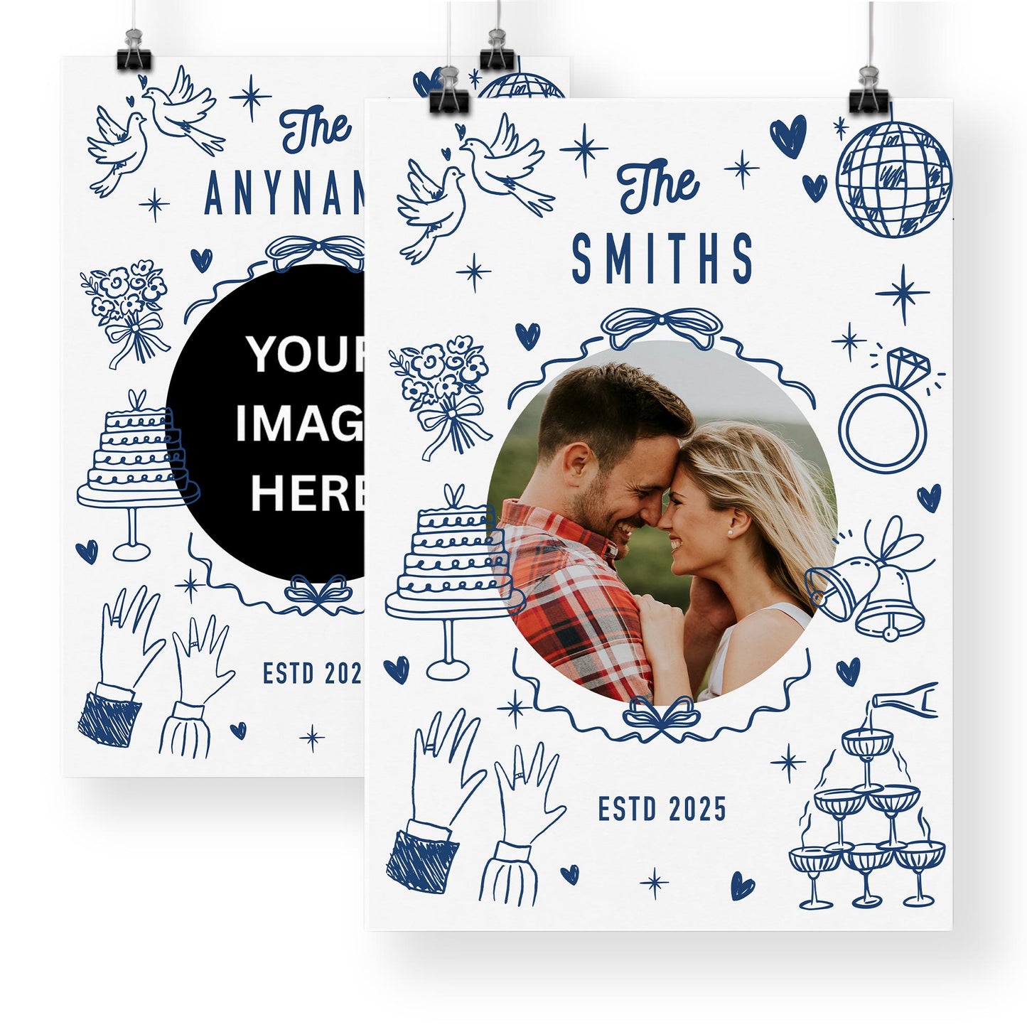 Personalised Wedding Photo Print  Blue Doodle Design  Custom Poster with Photo, Surname & Year  Wedding or Engagement Party Decoration