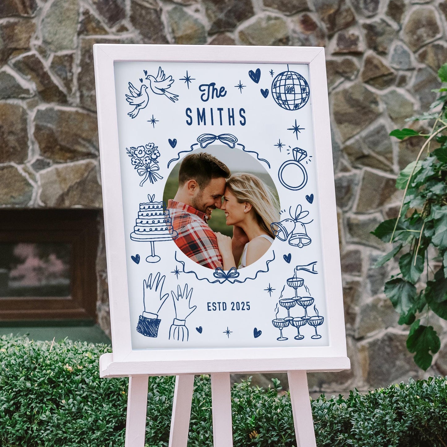 Personalised Wedding Photo Print  Blue Doodle Design  Custom Poster with Photo, Surname & Year  Wedding or Engagement Party Decoration