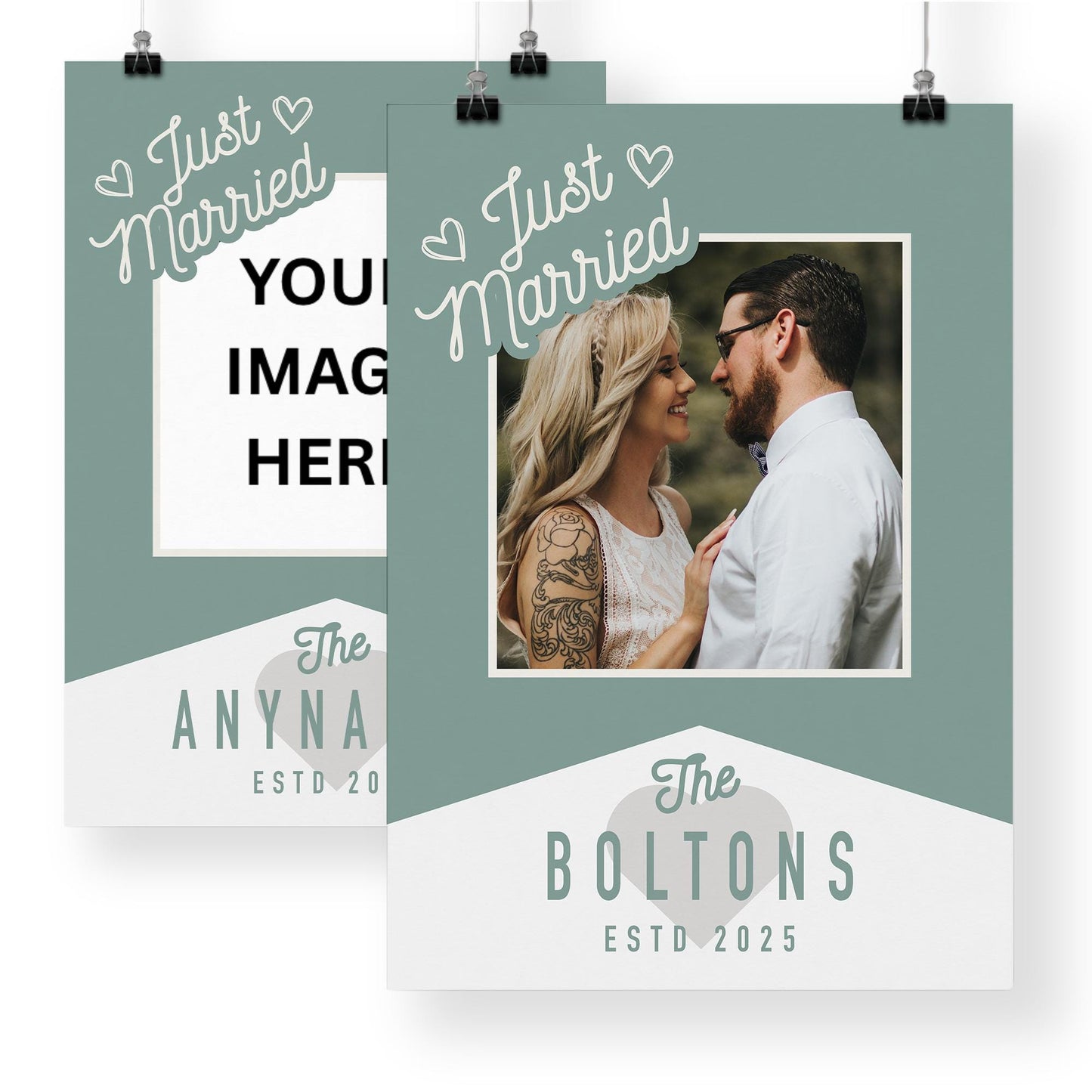 Personalised Wedding Photo Print  Retro Green “Just Married Custom Poster with Photo, Surname & Year  Wedding Reception Party Decor