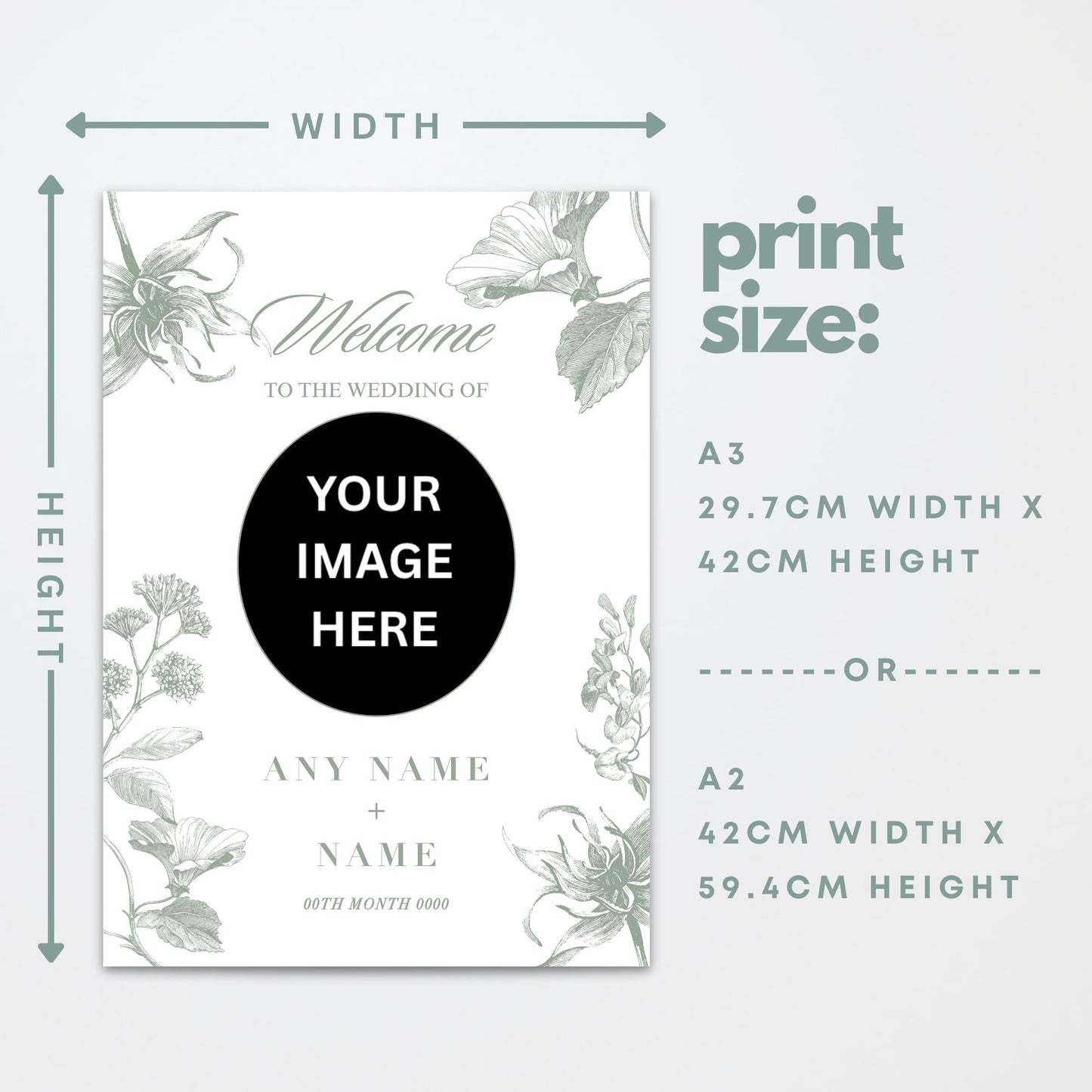 Personalised Wedding Photo Print  Sage Floral Elegant Style Custom Poster  Wedding Reception Decor or Engagement Party Decoration