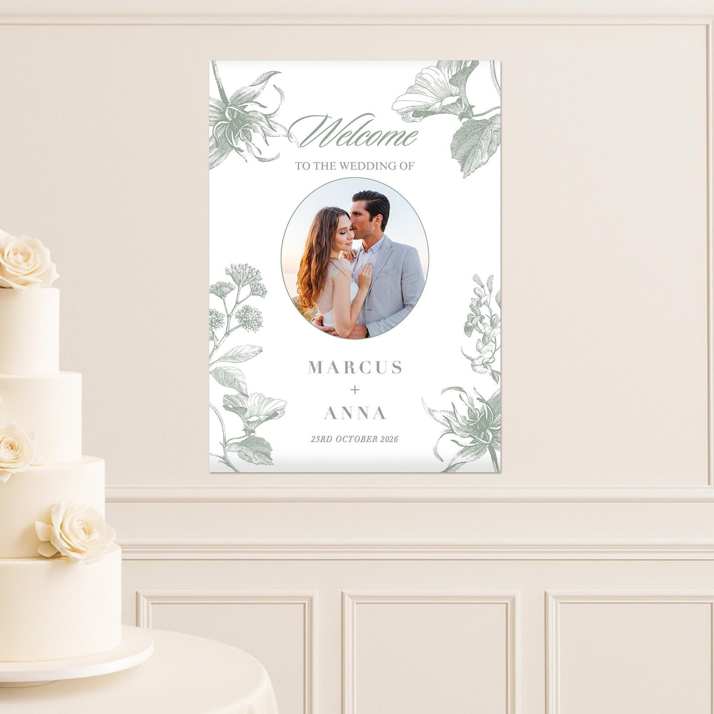 Personalised Wedding Photo Print  Sage Floral Elegant Style Custom Poster  Wedding Reception Decor or Engagement Party Decoration