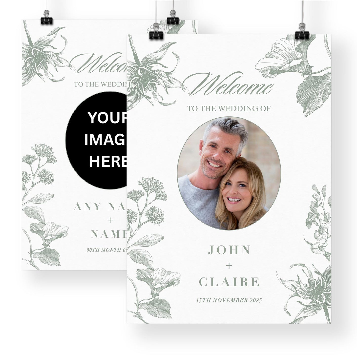 Personalised Wedding Photo Print  Sage Floral Elegant Style Custom Poster  Wedding Reception Decor or Engagement Party Decoration