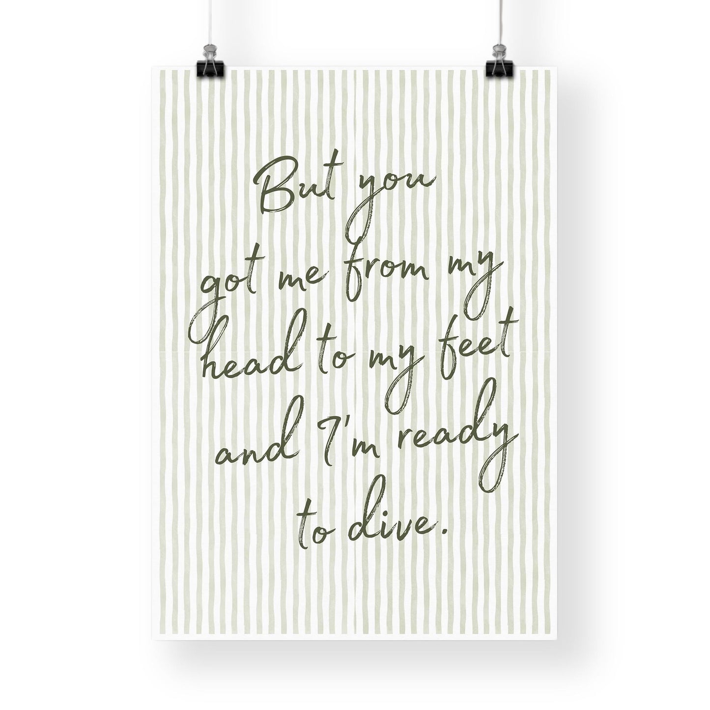 Lyric-Inspired Dive Print  Striped Handwritten Typography Wall Art, Muted Music Poster, Modern Cosy Green Home Decor for Music Lover