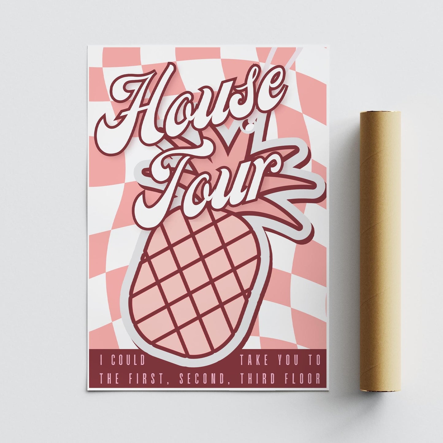 House Tour Pineapple Poster  Retro Checkered Lyric Inspired Wall Print | Fun Pink Artwork for Bedroom, Kitchen & Living Room