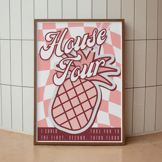 House Tour Pineapple Poster  Retro Checkered Lyric Inspired Wall Print | Fun Pink Artwork for Bedroom, Kitchen & Living Room