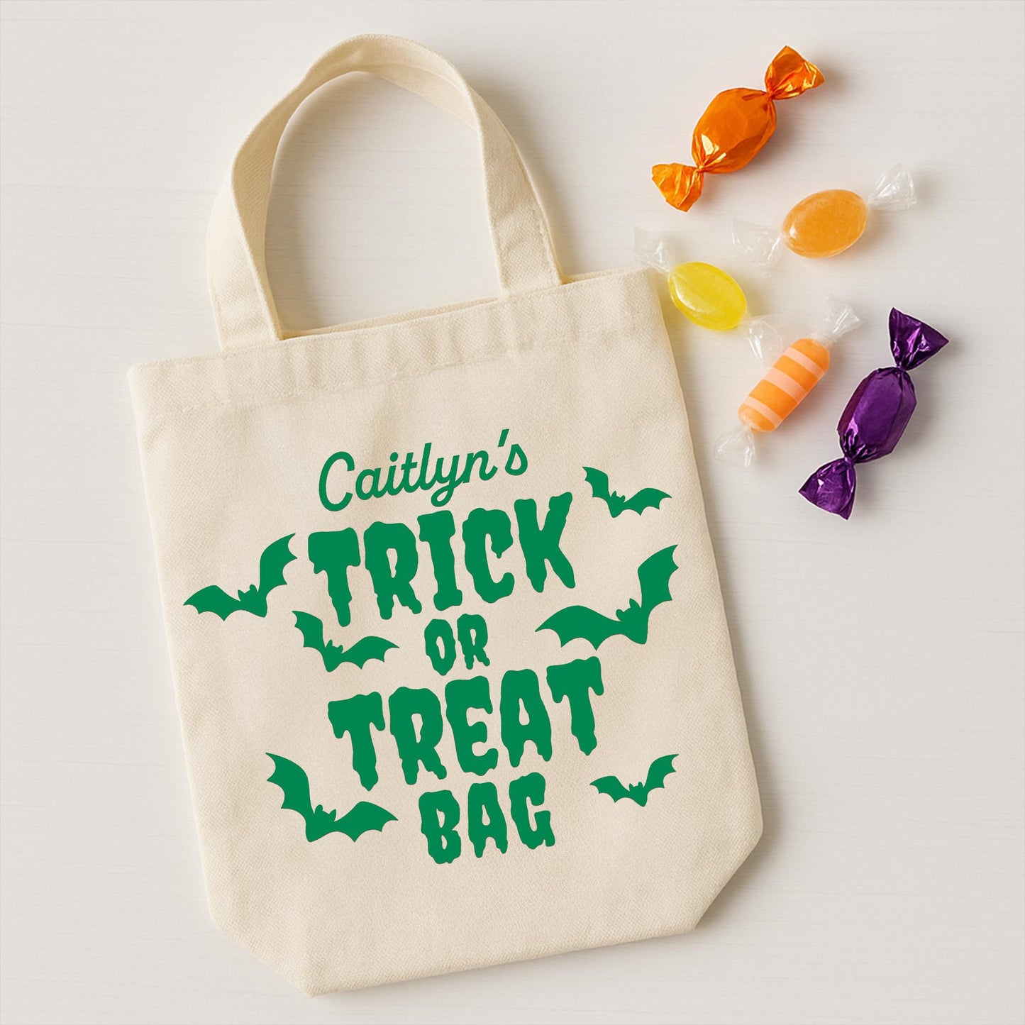 Personalised Trick or Treat Bag Iron On Vinyl Transfer  Custom Halloween Heat Transfer with Bats   DIY Halloween Tote Bag Decoration