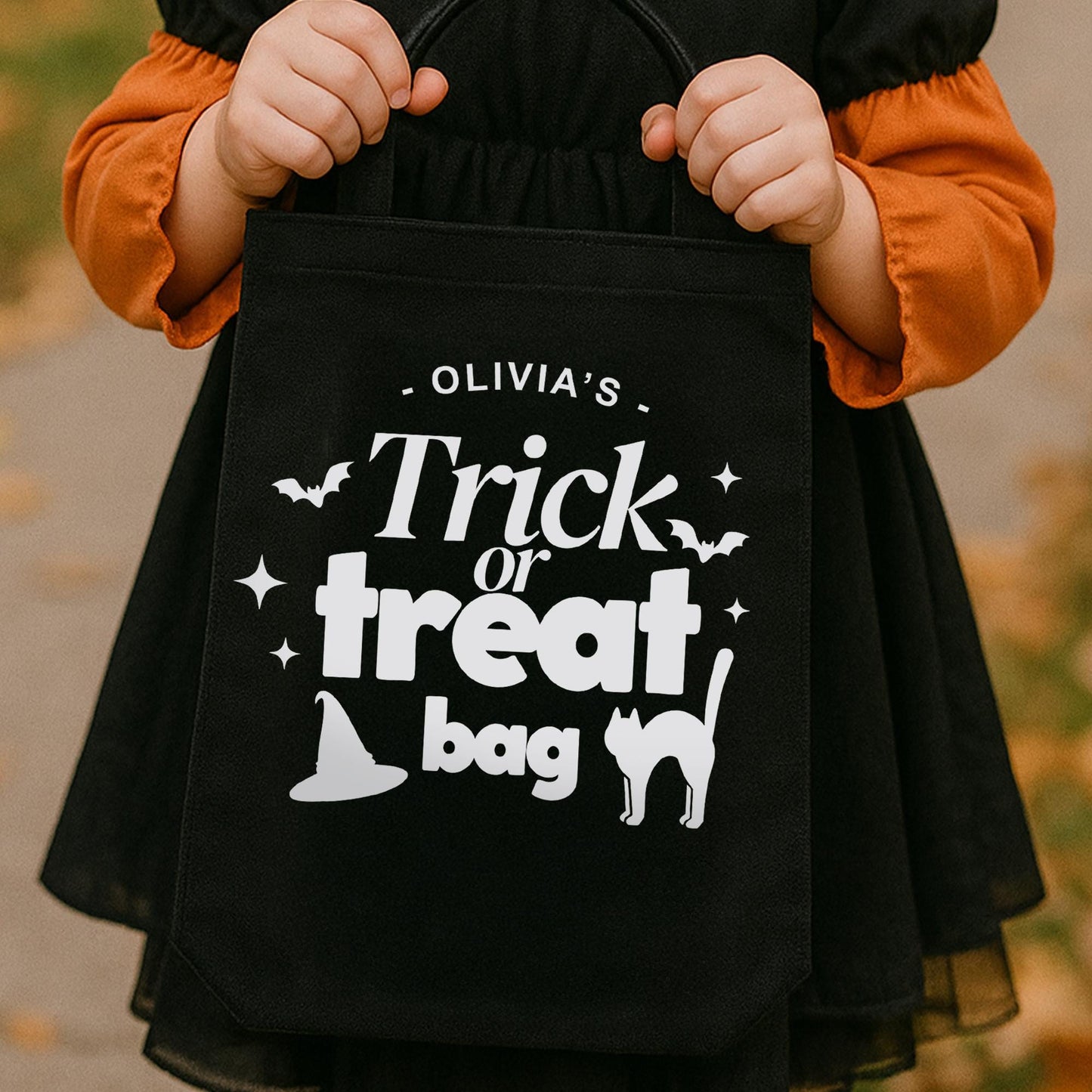 Personalised Trick or Treat Bag Iron On Vinyl Transfer  Custom Halloween Cat & Witch Hat Heat Transfer  DIY Halloween Sweet Bag Decoration