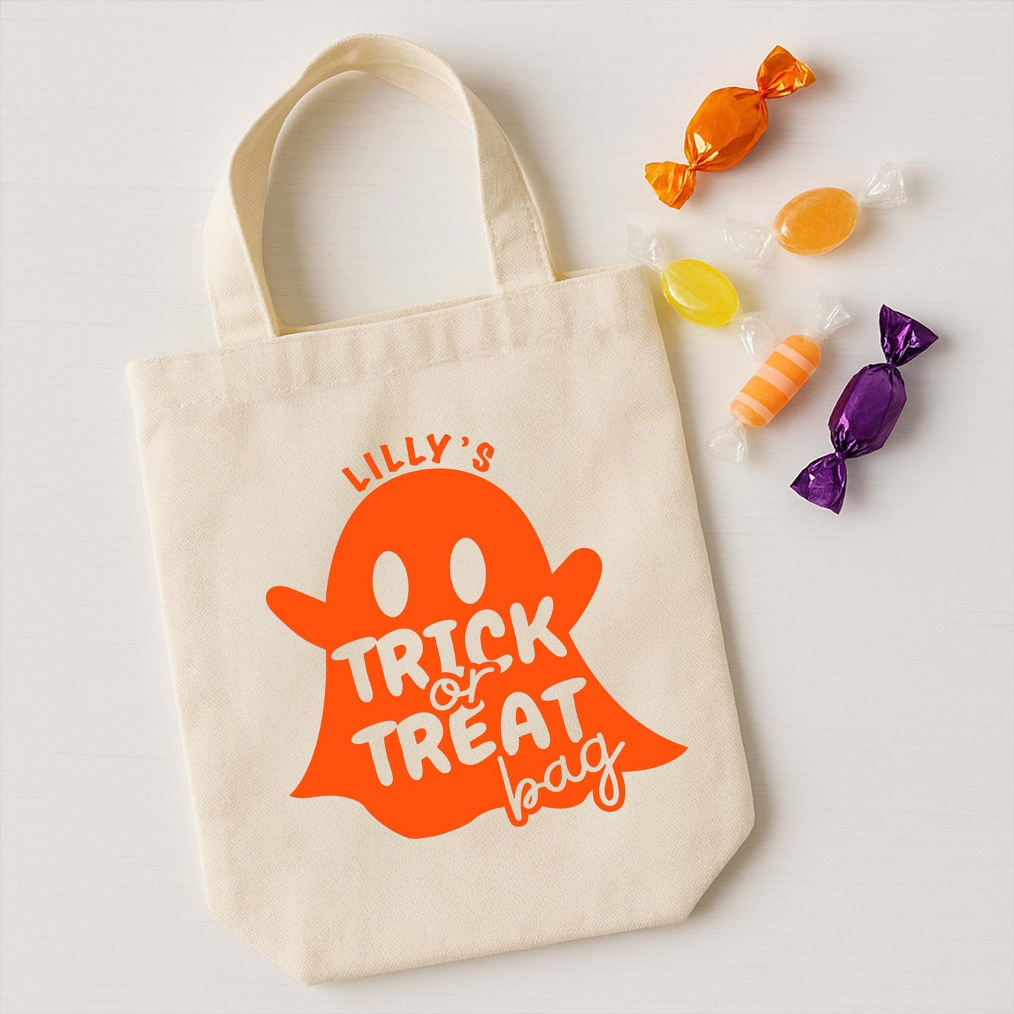 Personalised Ghost Trick or Treat Bag Iron On Vinyl Transfer  Custom Halloween Heat Transfer  DIY Halloween Sweet Bag Decoration