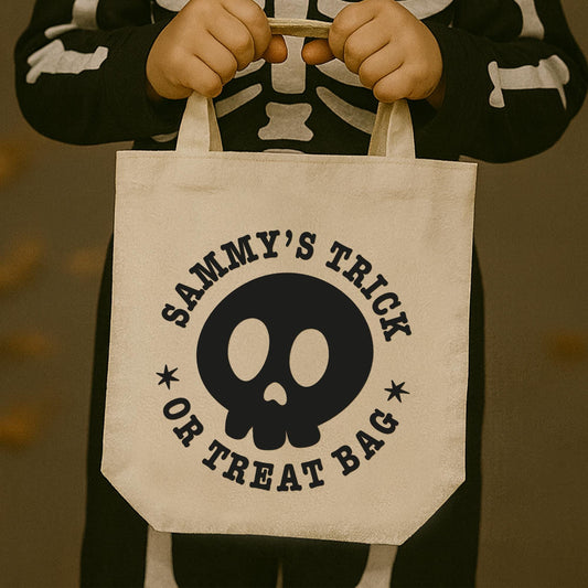 Personalised Skull Trick or Treat Bag Iron On Vinyl Transfer  Custom Halloween Heat Transfer  DIY Halloween Sweet Bag Decoration