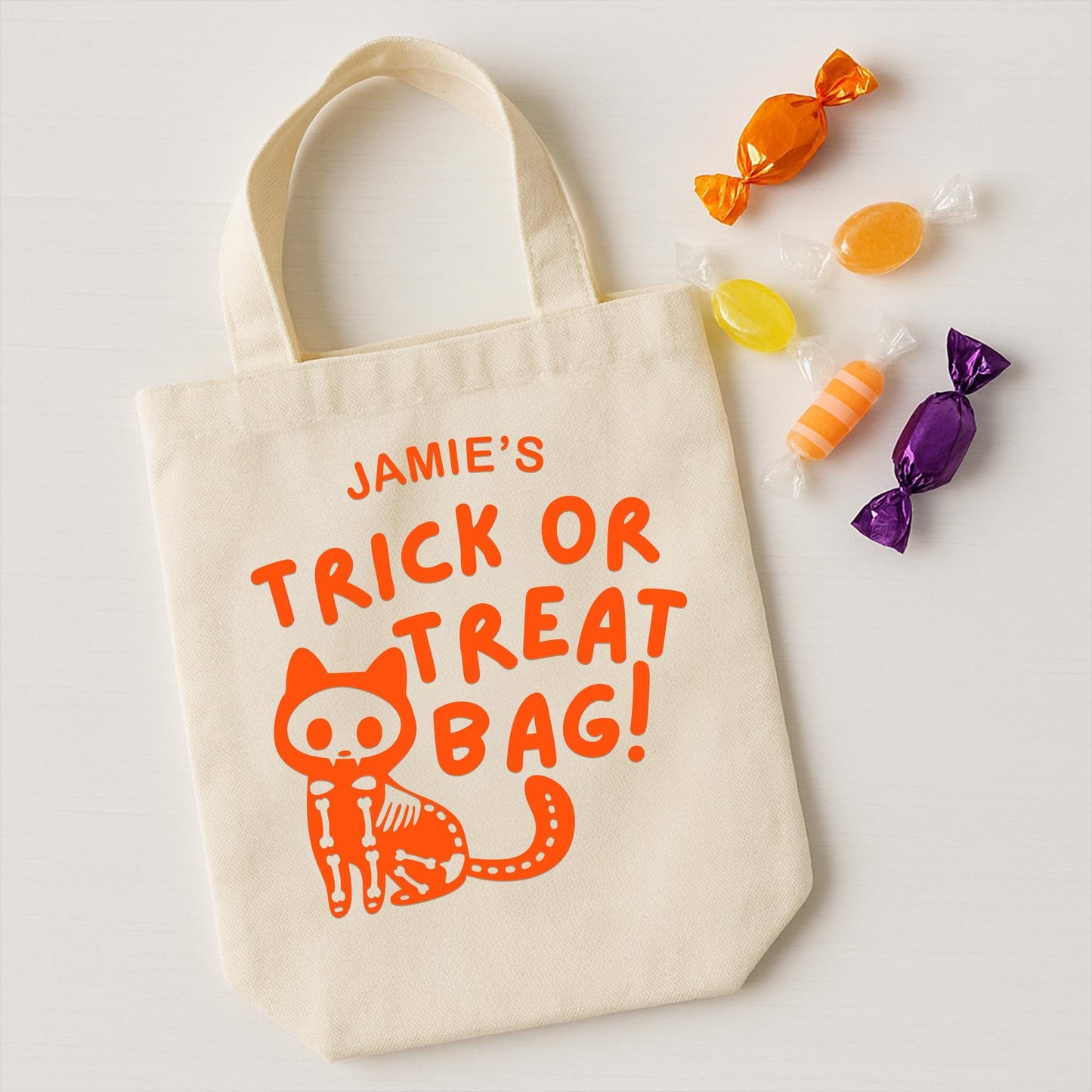 Personalised Spooky Cat Trick or Treat Bag Iron On Vinyl Transfer  Custom Halloween Heat Transfer  DIY Halloween Sweet Bag Decoration