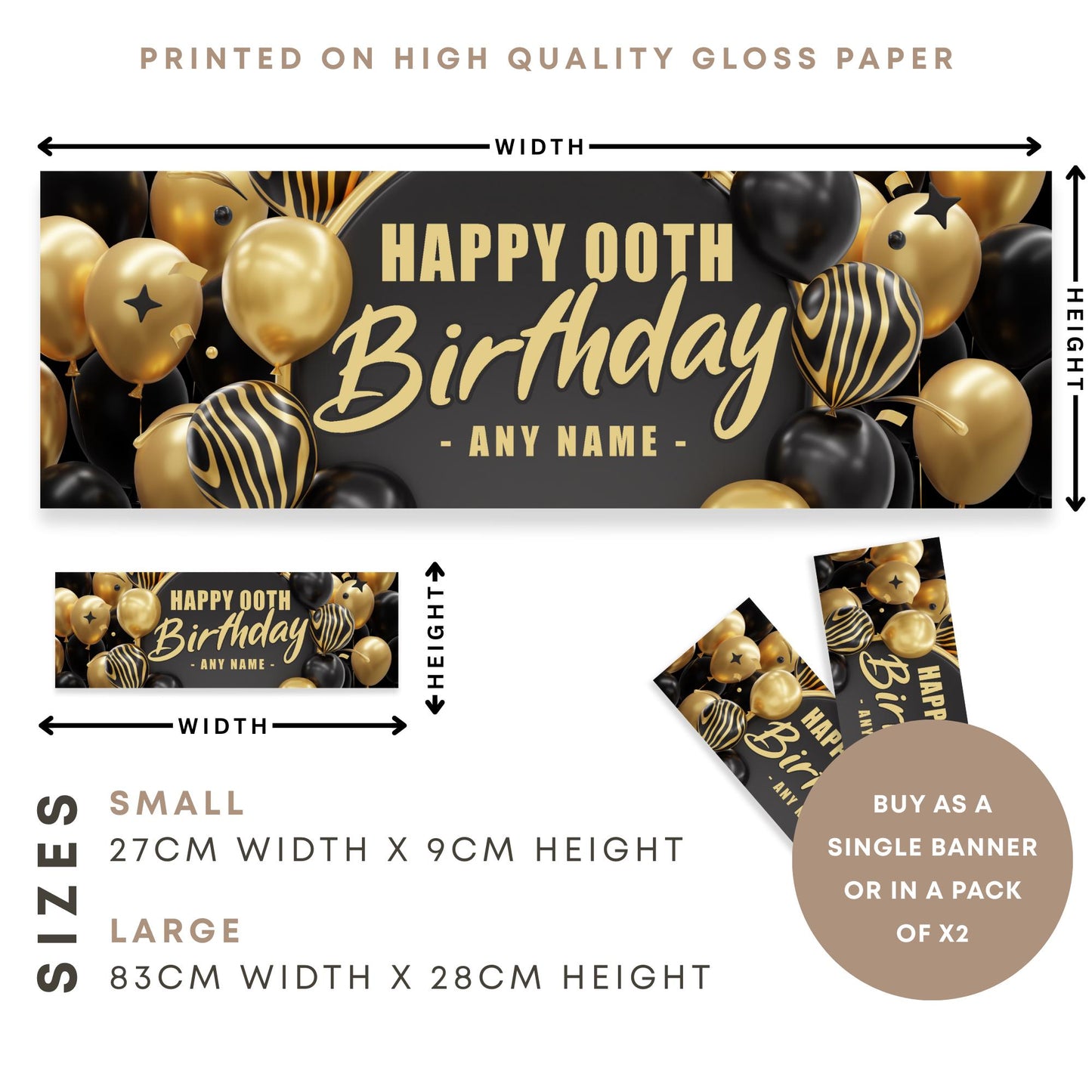 Personalised Black & Gold Birthday Banner: Custom Balloon Design Party Decoration   Party Backdrop or Table Decor | 18th, 21st, 40th, 50th