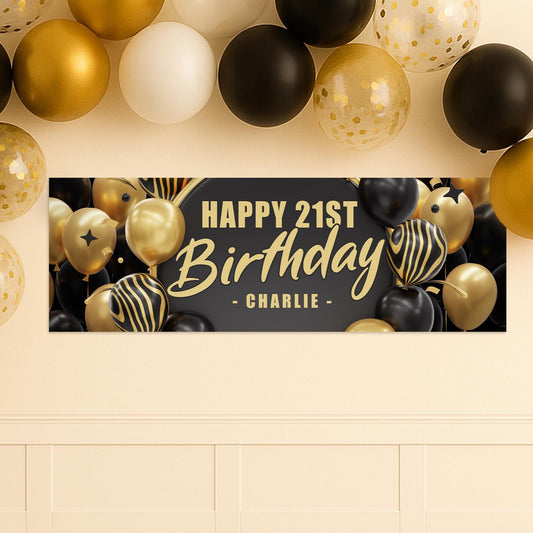 Personalised Black & Gold Birthday Banner: Custom Balloon Design Party Decoration   Party Backdrop or Table Decor | 18th, 21st, 40th, 50th
