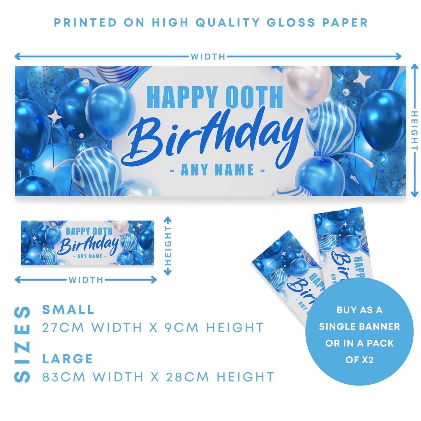 Personalised Blue Balloon Birthday Banner: Custom Party Decoration for Him   Boys Party Backdrop or Table Decor | 16th, 18th, 21st, 50th