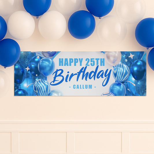 Personalised Blue Balloon Birthday Banner: Custom Party Decoration for Him   Boys Party Backdrop or Table Decor | 16th, 18th, 21st, 50th