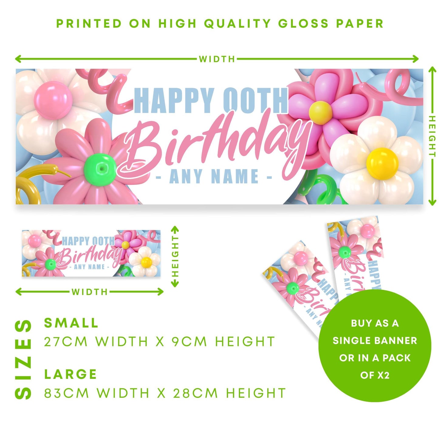 Personalised Flower Balloons Birthday Banner: Custom Pastel Floral Party Decoration   Party Backdrop or Table Decor | for Kids & Teens