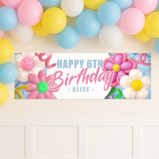 Personalised Flower Balloons Birthday Banner: Custom Pastel Floral Party Decoration   Party Backdrop or Table Decor | for Kids & Teens