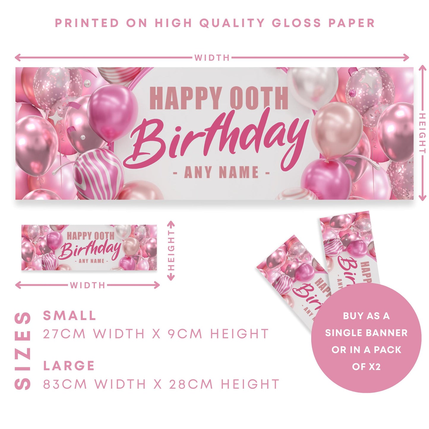 Personalised Pink Balloon Birthday Banner: Custom Party Decoration for Her   Girls Party Backdrop or Table Decor | 16th, 18th, 21st, 50th