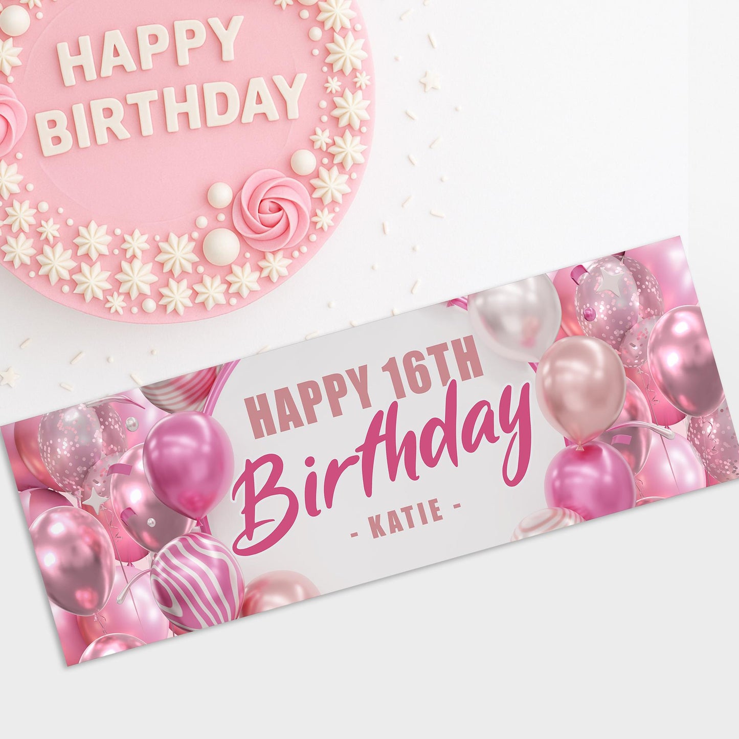 Personalised Pink Balloon Birthday Banner: Custom Party Decoration for Her   Girls Party Backdrop or Table Decor | 16th, 18th, 21st, 50th