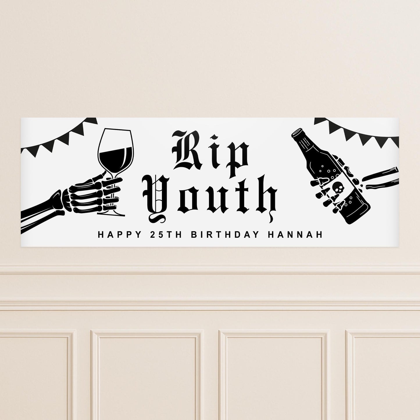 RIP Youth Birthday Banner  Gothic Skeleton Themed Party Decoration  Personalised Name & Age, Funny Birthday Party Decor, 18th, 21st, 30th