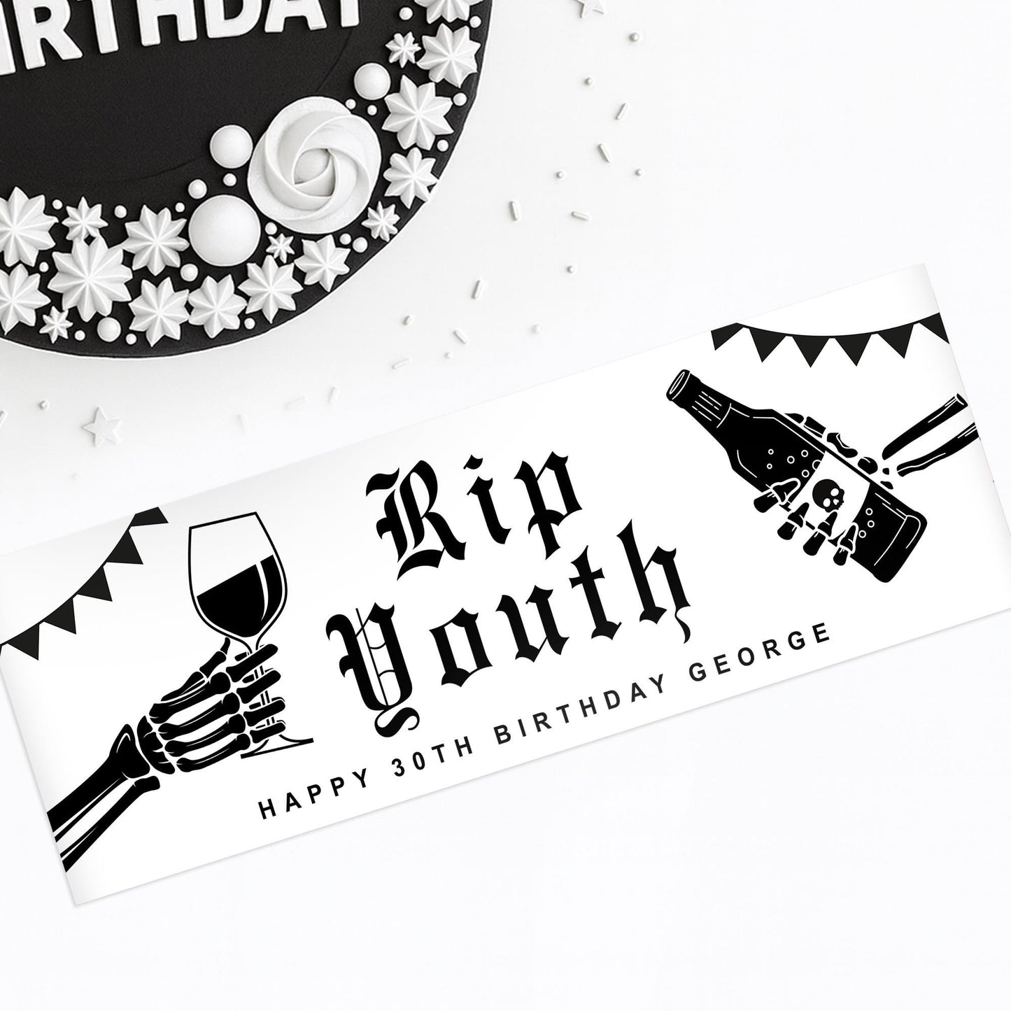 RIP Youth Birthday Banner  Gothic Skeleton Themed Party Decoration  Personalised Name & Age, Funny Birthday Party Decor, 18th, 21st, 30th