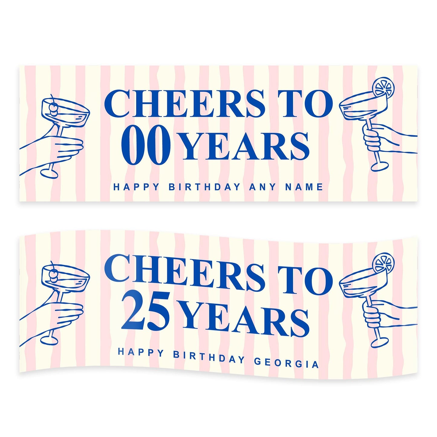 Personalised Birthday Banner  Cheers to Years Striped Cocktail Themed Party Decoration  Custom Pink & Blue Party Decor  21st, 30th, 40th