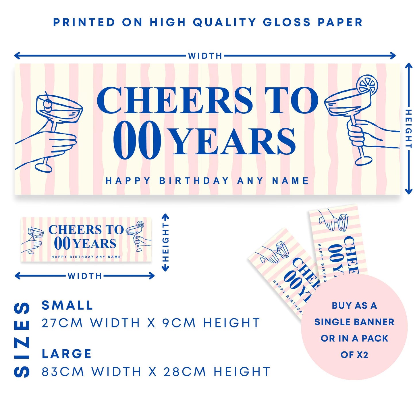 Personalised Birthday Banner  Cheers to Years Striped Cocktail Themed Party Decoration  Custom Pink & Blue Party Decor  21st, 30th, 40th