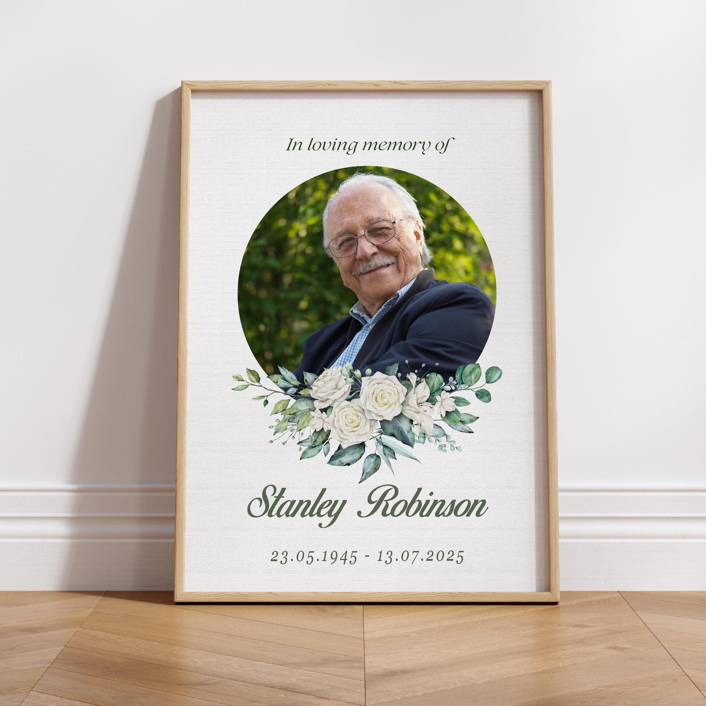 Personalised Funeral Sign  02: In Loving Memory White Floral Photo Poster  Custom Memorial Print for Wake or Celebration of Life  A3 & A2