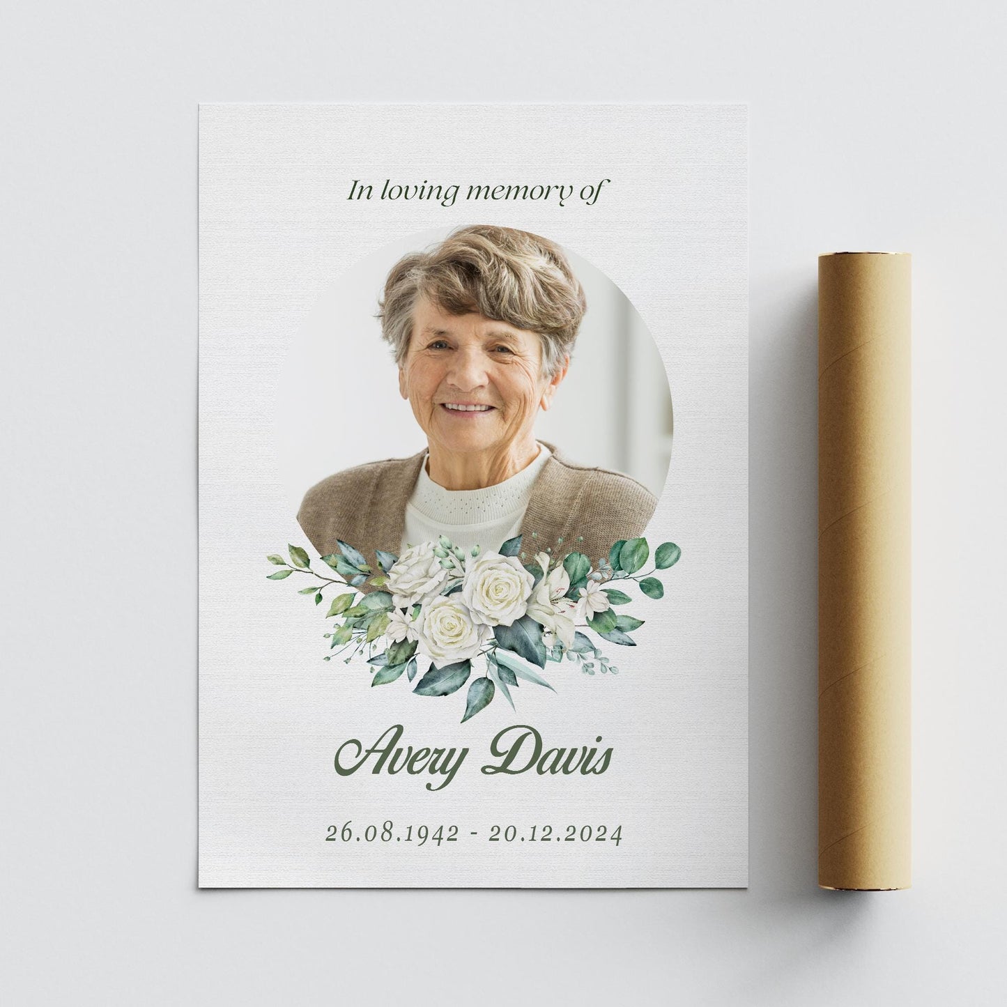 Personalised Funeral Sign  02: In Loving Memory White Floral Photo Poster  Custom Memorial Print for Wake or Celebration of Life  A3 & A2