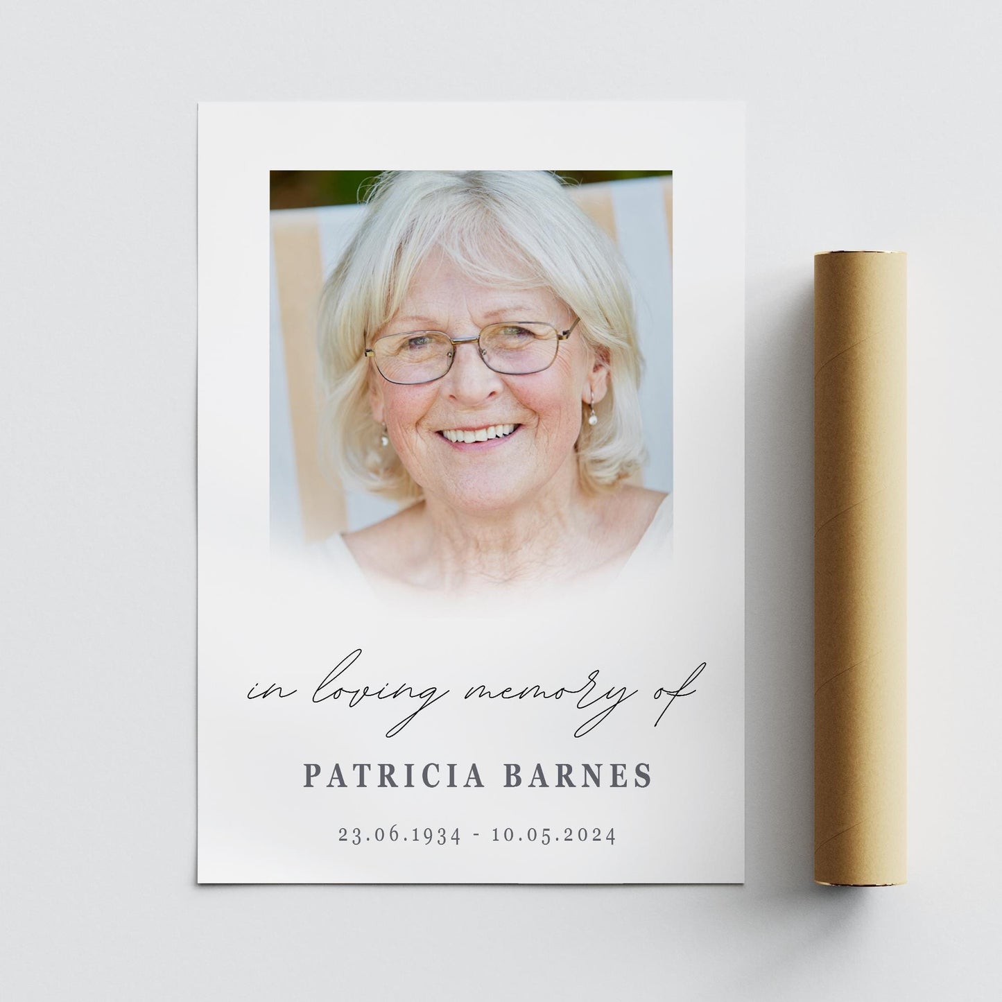 Personalised Funeral Photo Sign  04: In Loving Memory Photo Poster  Soft Minimal Memorial Print for Wake or Celebration of Life  A3 & A2