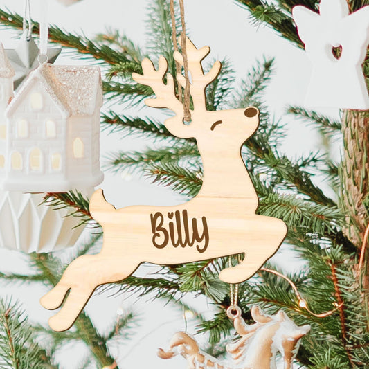 Personalised Wooden Jumping Reindeer Christmas Tree Decoration  Custom Engraved Name Birchwood Ornament   Rustic Bauble Gift Keepsake