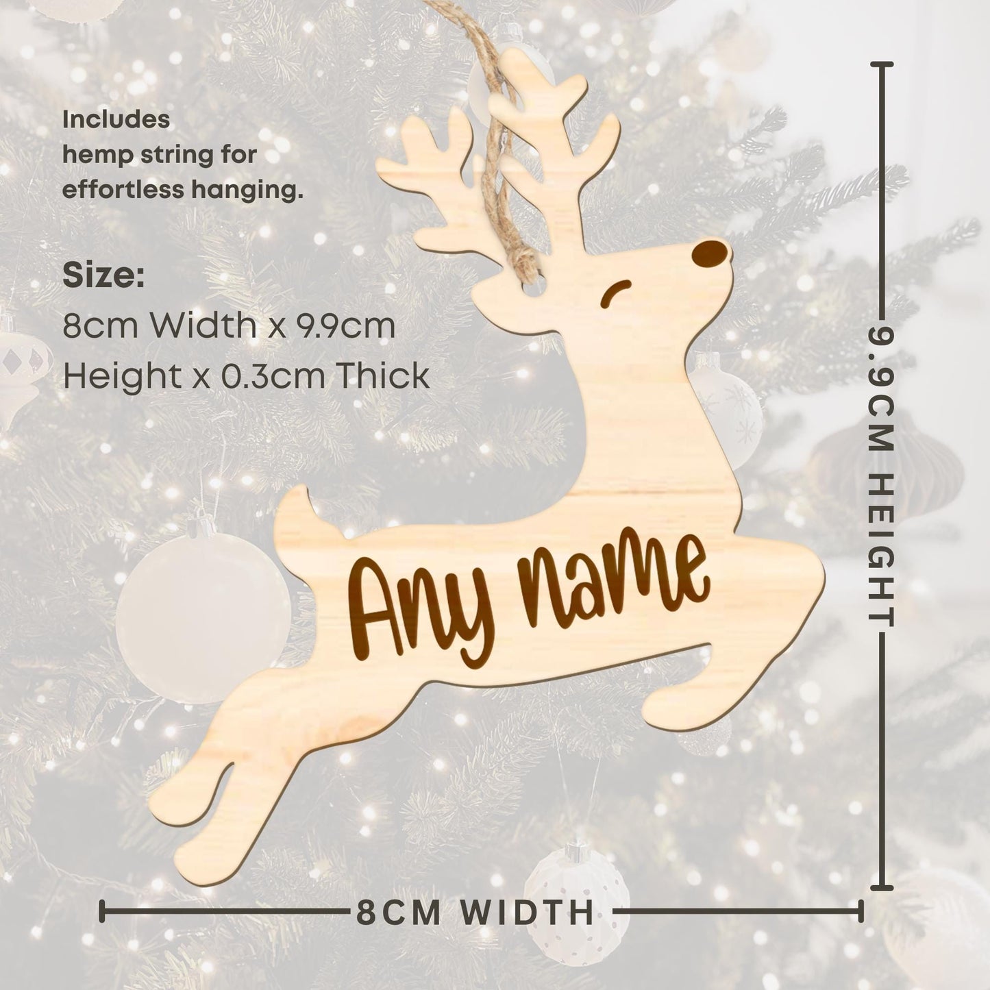 Personalised Wooden Jumping Reindeer Christmas Tree Decoration  Custom Engraved Name Birchwood Ornament   Rustic Bauble Gift Keepsake