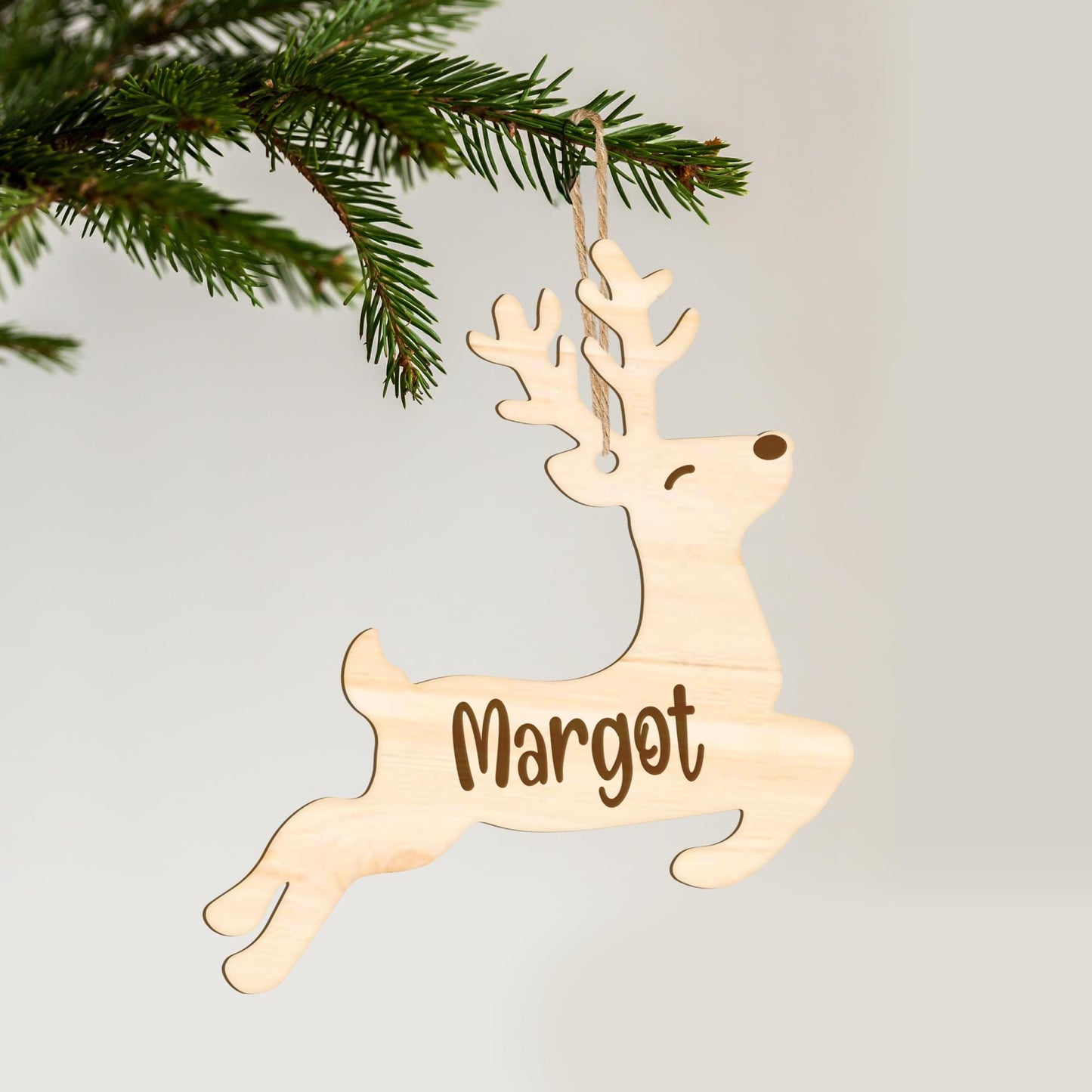 Personalised Wooden Jumping Reindeer Christmas Tree Decoration  Custom Engraved Name Birchwood Ornament   Rustic Bauble Gift Keepsake