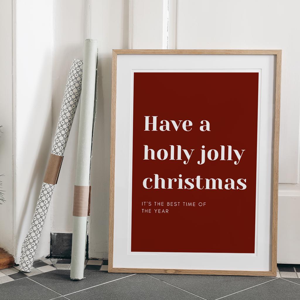 Christmas Poster Print  "Have a Holly Jolly Christmas" Xmas Print 03  | Red & White Festive Typography Wall Art | Seasonal Home Decor