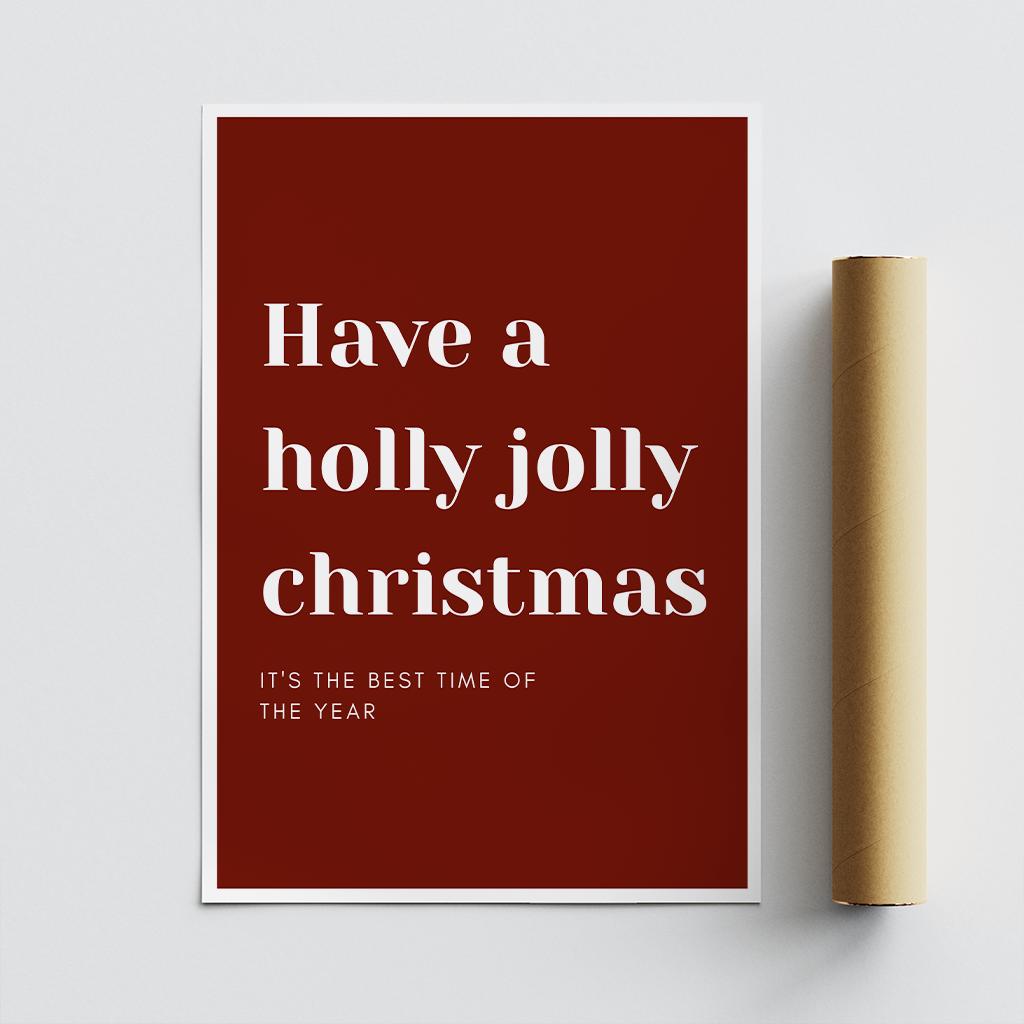 Christmas Poster Print  "Have a Holly Jolly Christmas" Xmas Print 03  | Red & White Festive Typography Wall Art | Seasonal Home Decor