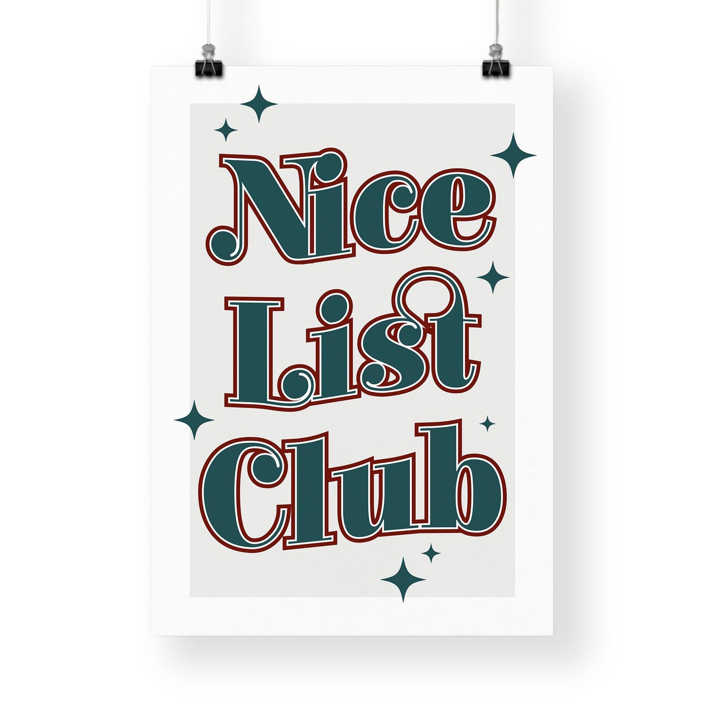 Christmas Wall Print  "Nice List Club" Poster 04 | Festive Typography Print with Star Accents | Xmas Wall Art | Seasonal Home Decor