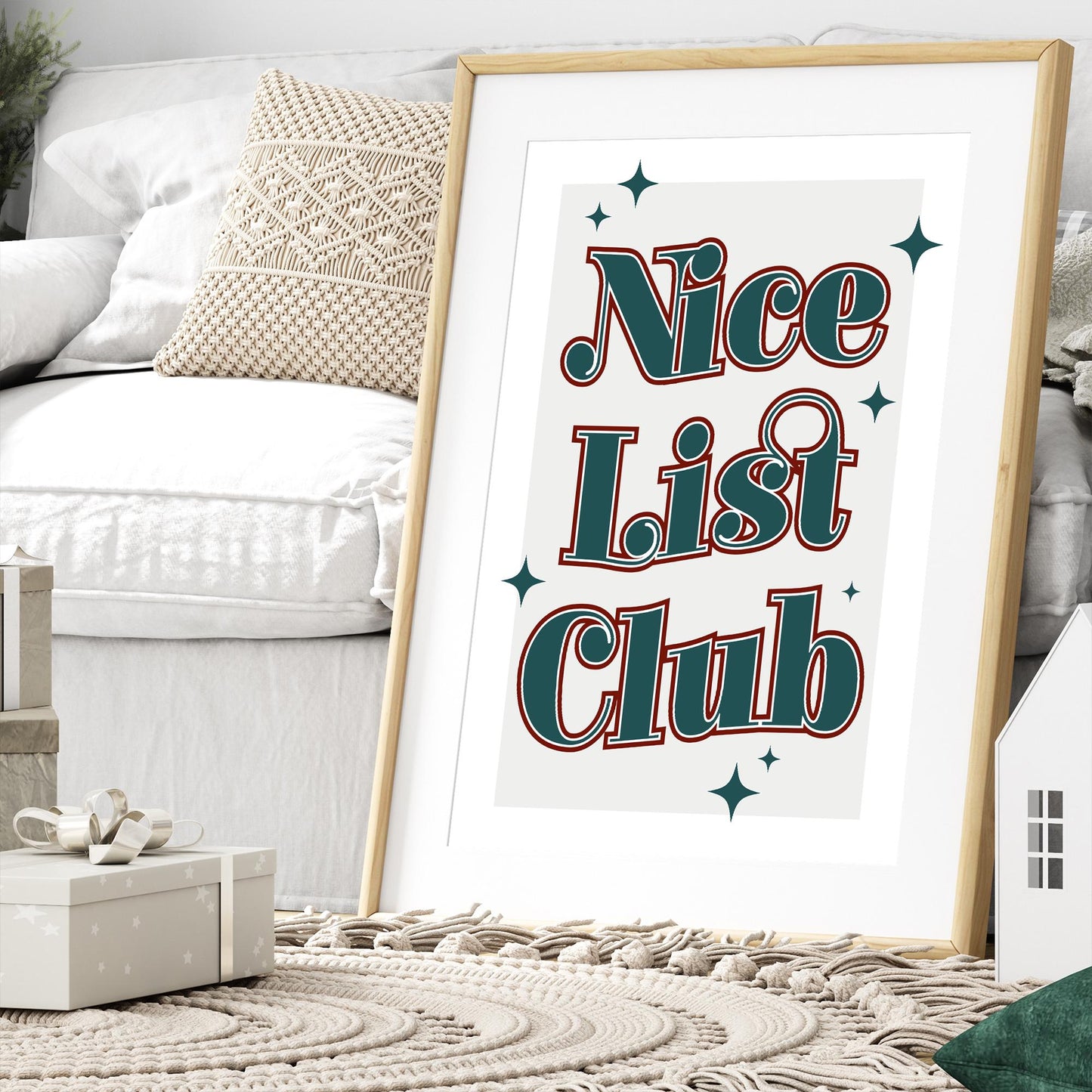 Christmas Wall Print  "Nice List Club" Poster 04 | Festive Typography Print with Star Accents | Xmas Wall Art | Seasonal Home Decor