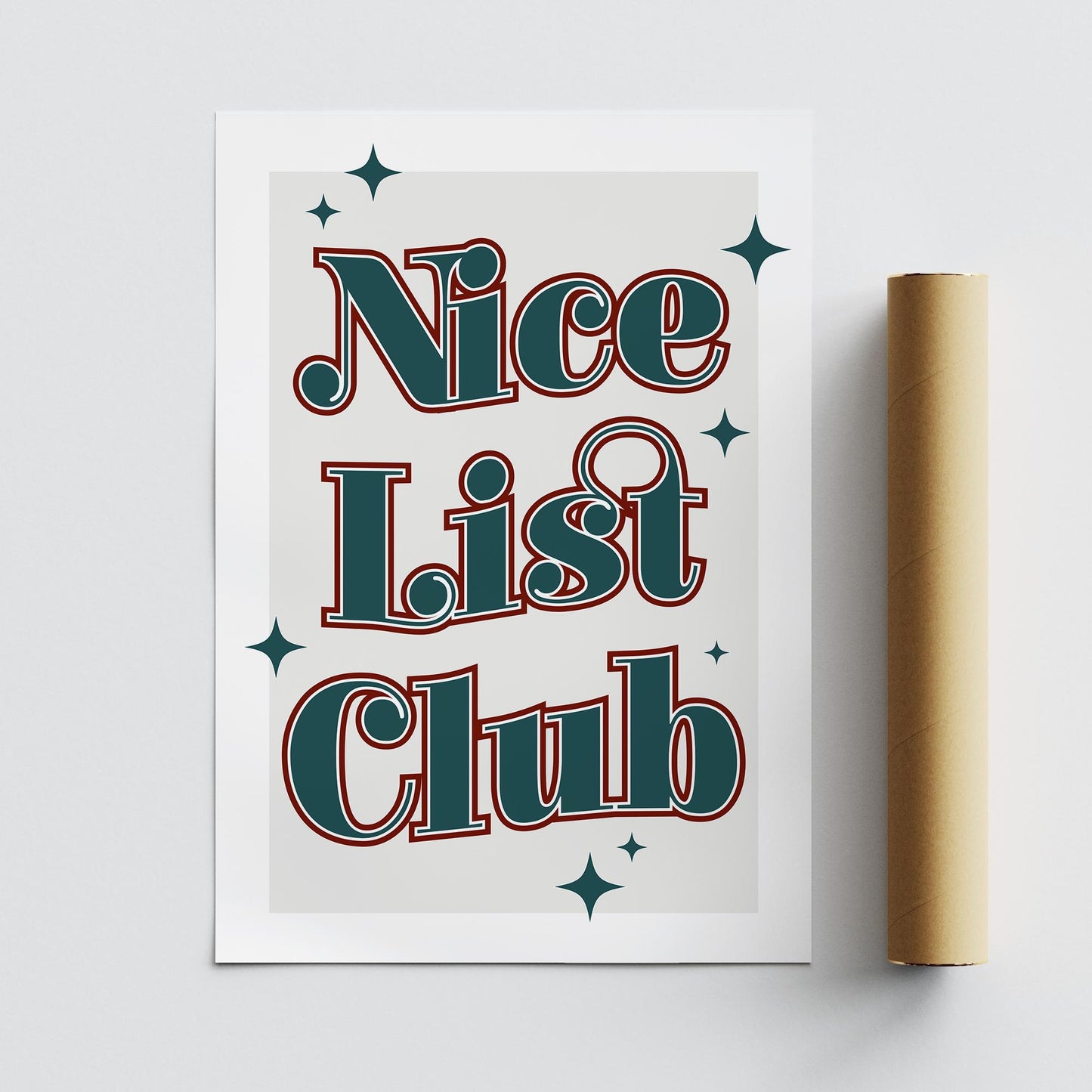 Christmas Wall Print  "Nice List Club" Poster 04 | Festive Typography Print with Star Accents | Xmas Wall Art | Seasonal Home Decor