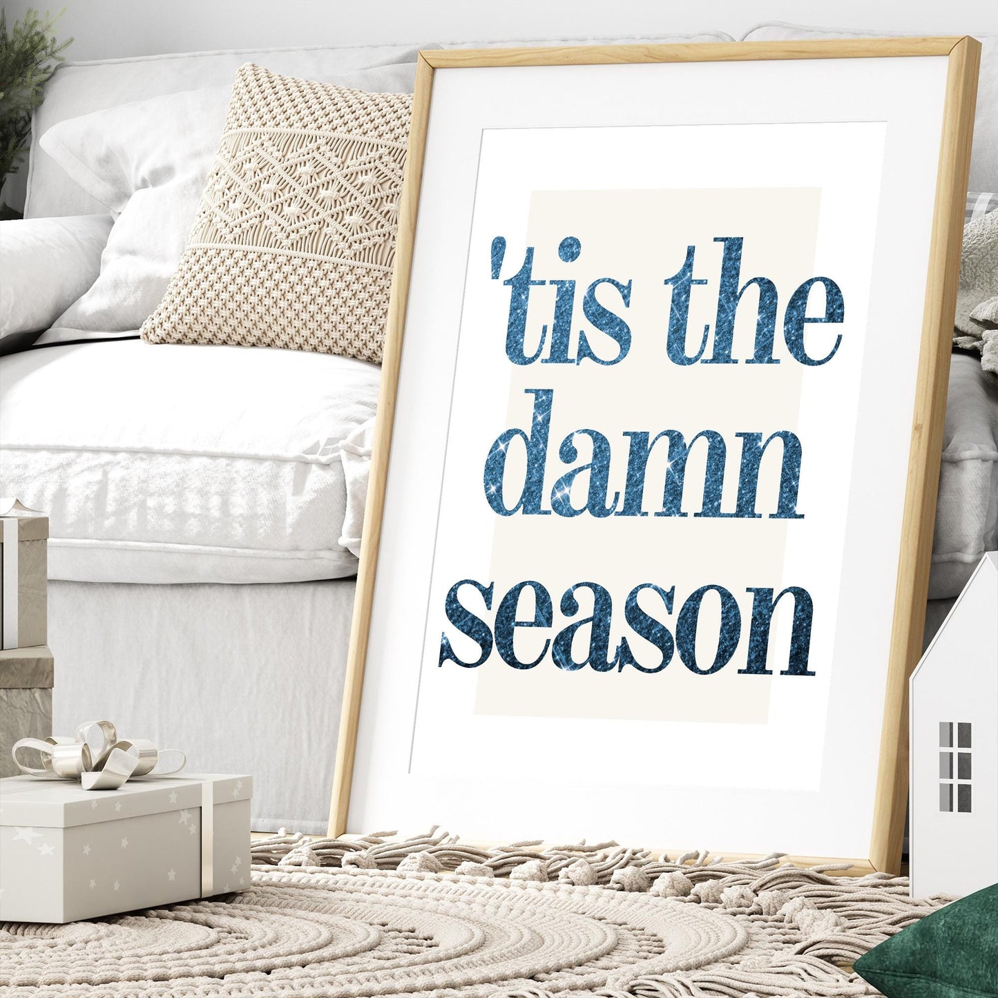 Minimal Lyric-Inspired Print  "Tis The Damn Season" Poster 04 | Blue Glitter Typography Print | Christmas Poster | Seasonal Home Decor