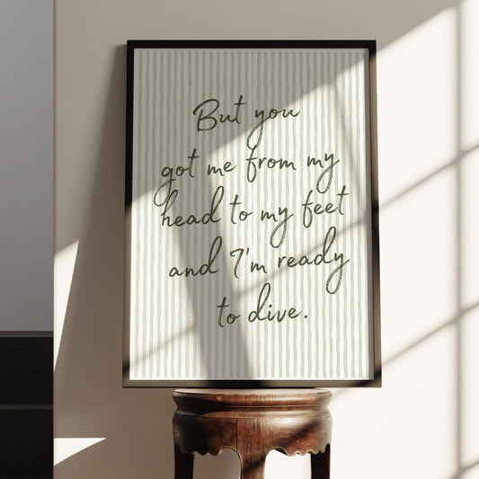 Lyric-Inspired Dive Print  Striped Handwritten Typography Wall Art, Muted Music Poster, Modern Cosy Green Home Decor for Music Lover