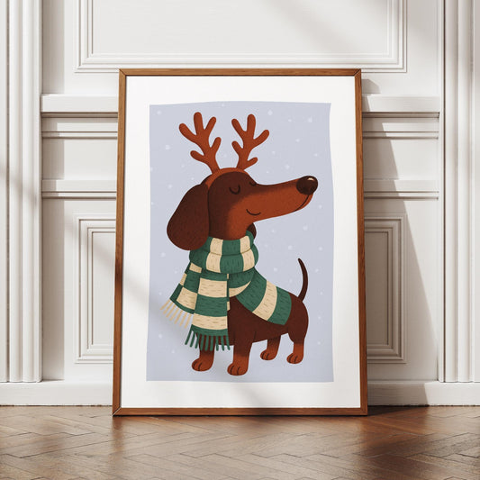 Christmas Dog Wall Art  Sausage Dog with Reindeer Antlers  Dog Lover Festive Xmas Print  Dachshund Christmas Poster  Seasonal Home Decor