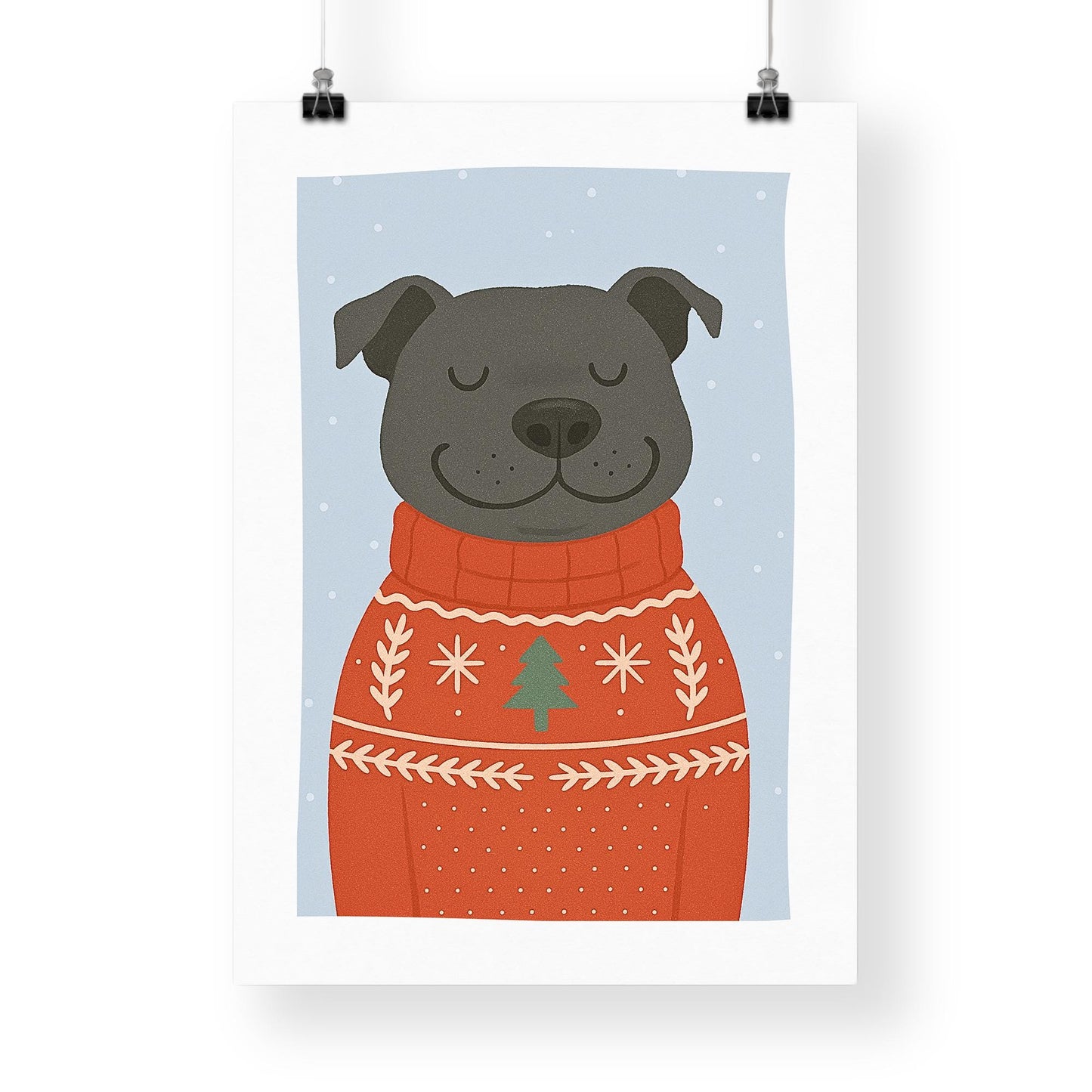 Christmas Dog Print  Staffy in Christmas Jumper Poster  Festive Staffordshire Bull Terrier Wall Art  Seasonal Home Decor  For Dog Lover