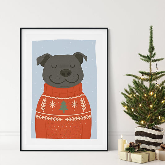 Christmas Dog Print  Staffy in Christmas Jumper Poster  Festive Staffordshire Bull Terrier Wall Art  Seasonal Home Decor  For Dog Lover