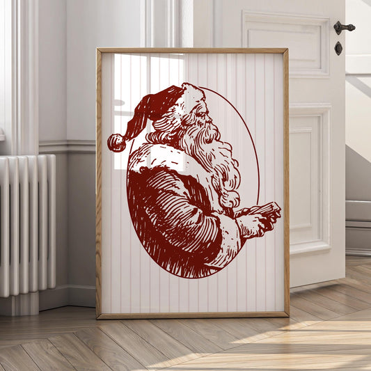 Santa Christmas Print  Red Sketch Xmas Wall Art  Classic Festive Poster  Vintage Father Christmas Illustration  Seasonal Home Decor Gift