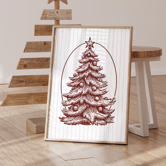 Christmas Tree Print  Red Sketch Xmas Wall Art  Classic Festive Poster  Vintage Traditional Christmas Illustration  Seasonal Home Decor