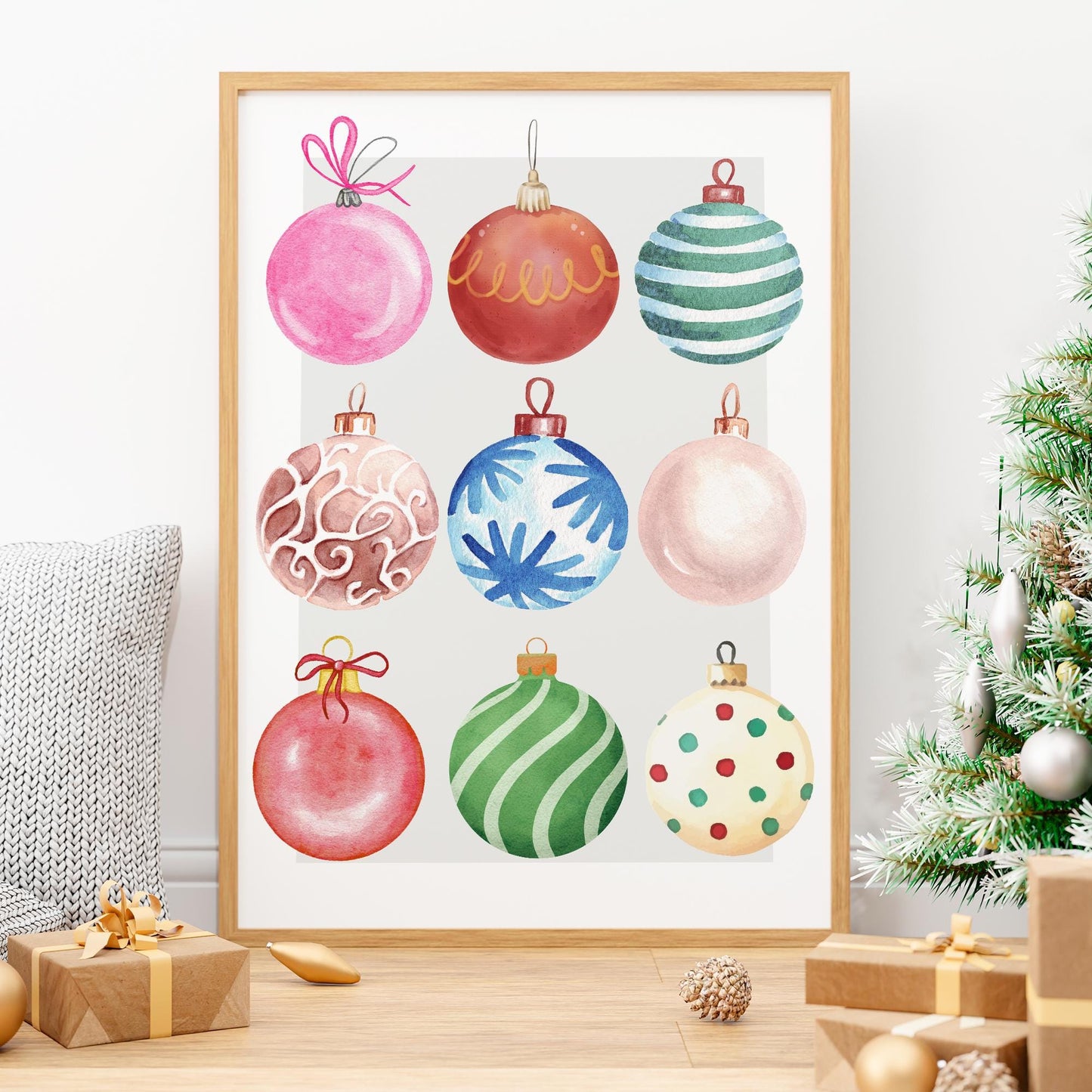 Watercolour Bauble Christmas Print  Colourful Xmas Ornament Poster  Modern Festive Wall Art  Seasonal Home Decor Gift