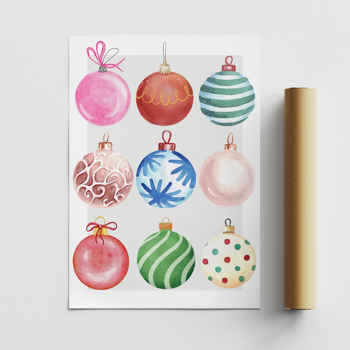 Watercolour Bauble Christmas Print  Colourful Xmas Ornament Poster  Modern Festive Wall Art  Seasonal Home Decor Gift
