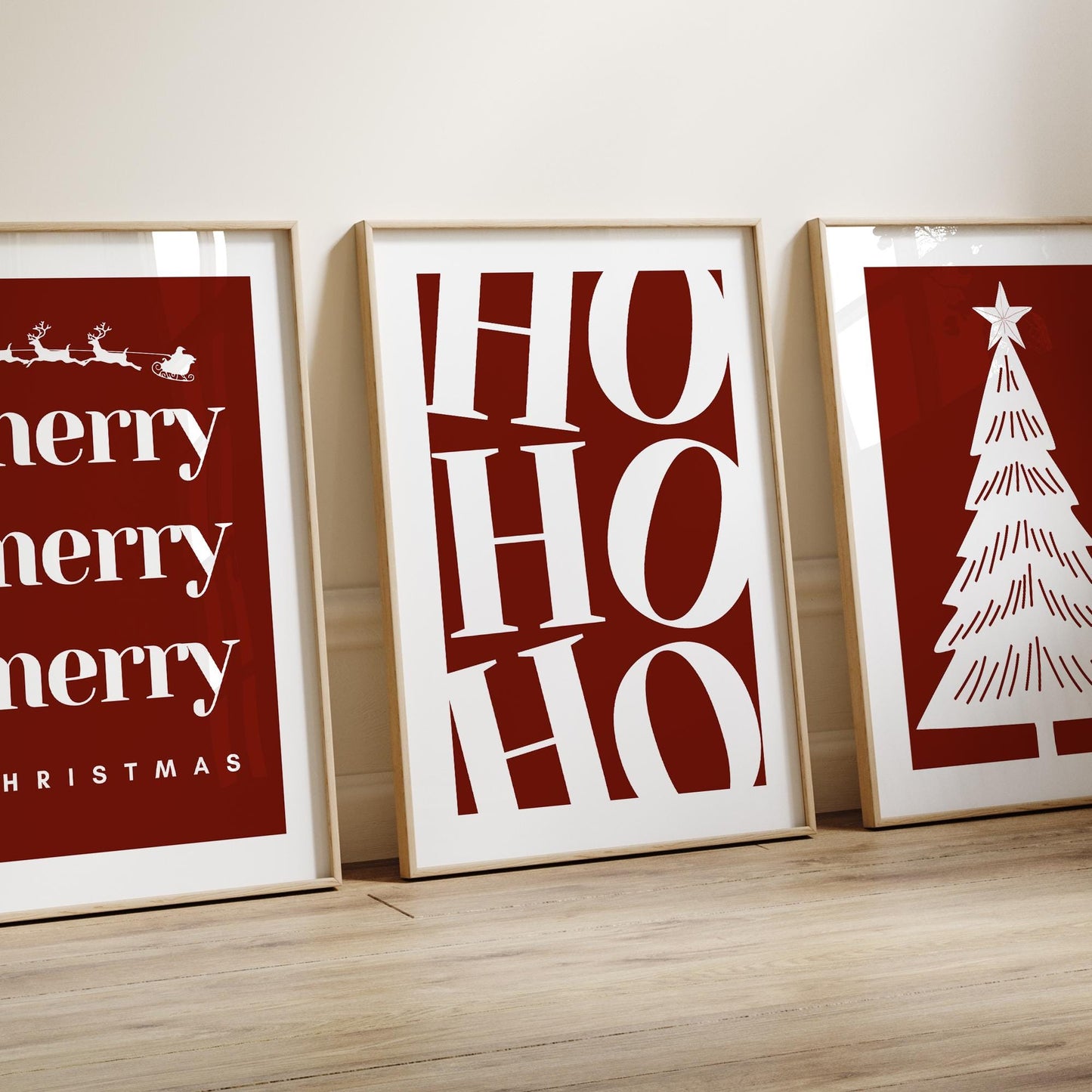 Ho Ho Ho Christmas Wall Art  Minimal Red Typography Poster  Modern Festive Print for Gallery Wall   Seasonal Home Decor