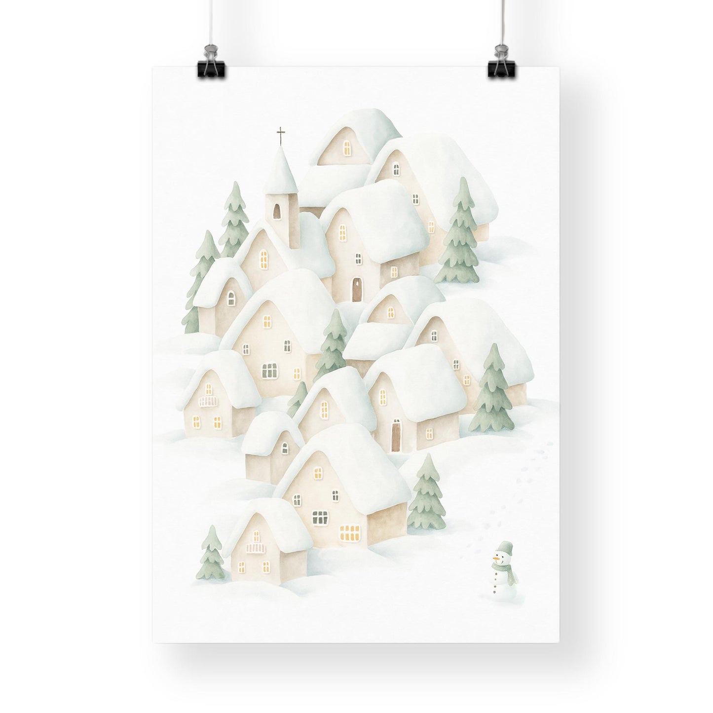 Christmas Village Wall Art 01: Snowy Winter Scene Print  Cosy Neutral Christmas Illustration Poster  Xmas Decoration  Seasonal Home Decor