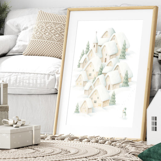 Christmas Village Wall Art 01: Snowy Winter Scene Print  Cosy Neutral Christmas Illustration Poster  Xmas Decoration  Seasonal Home Decor